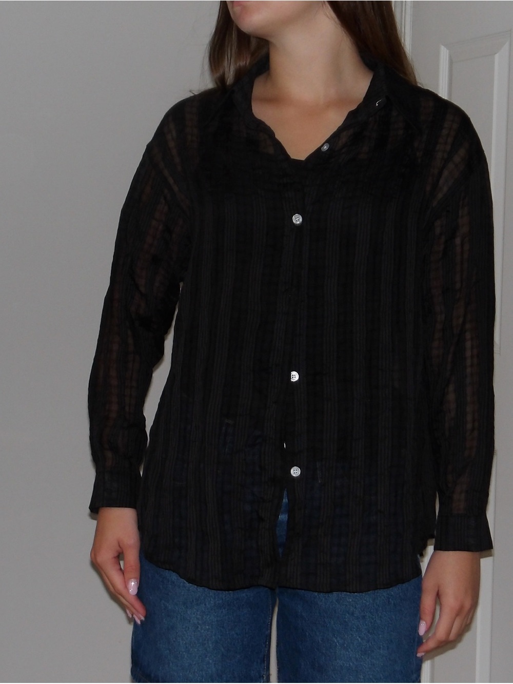 OAK + FORT Black Sheer Button-Down Shirt